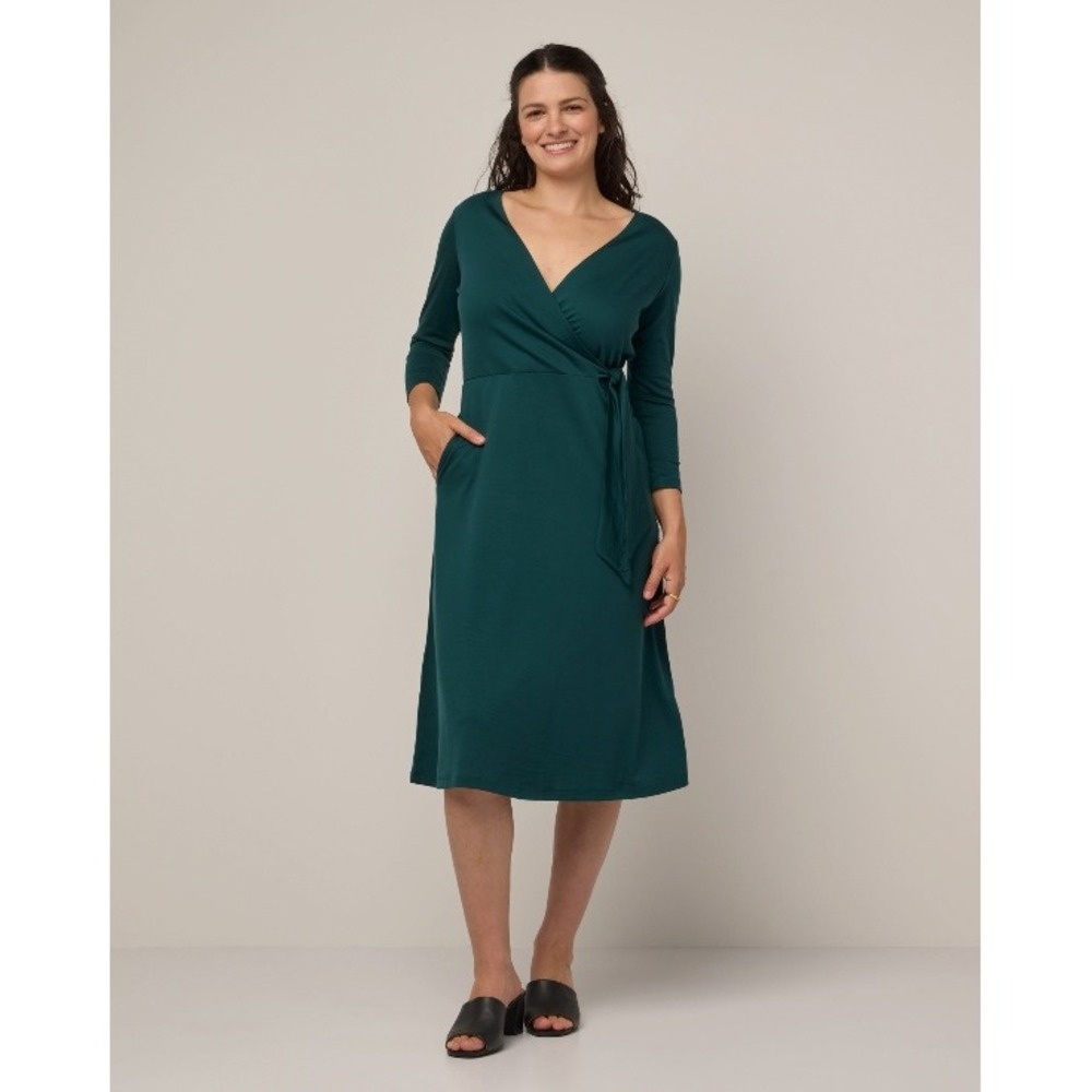 Wool& Ellie Faux Wrap Dress Forest Green Merino Wool 3/4 Sleeve Size L